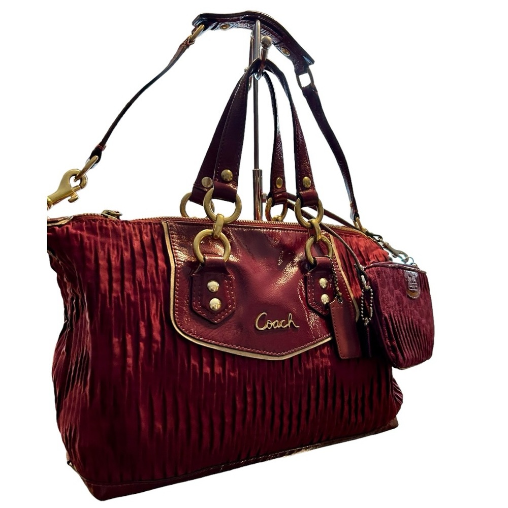 Bundle of Two! Coach Ashley Gathered Sateen Bag and Wristlet Set Burgundy/Maroon